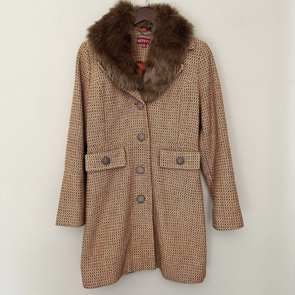 Merona Small Brown Wool Penny Lane Long Tweed Coat 70s Revival Faux Fur Tapestry